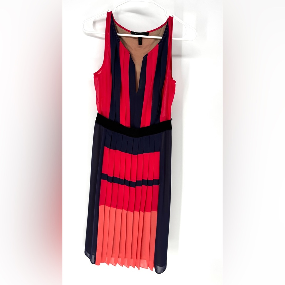 BCBGMaxAzria Red and Navy Pleated Colorblock Midi Dress size 6